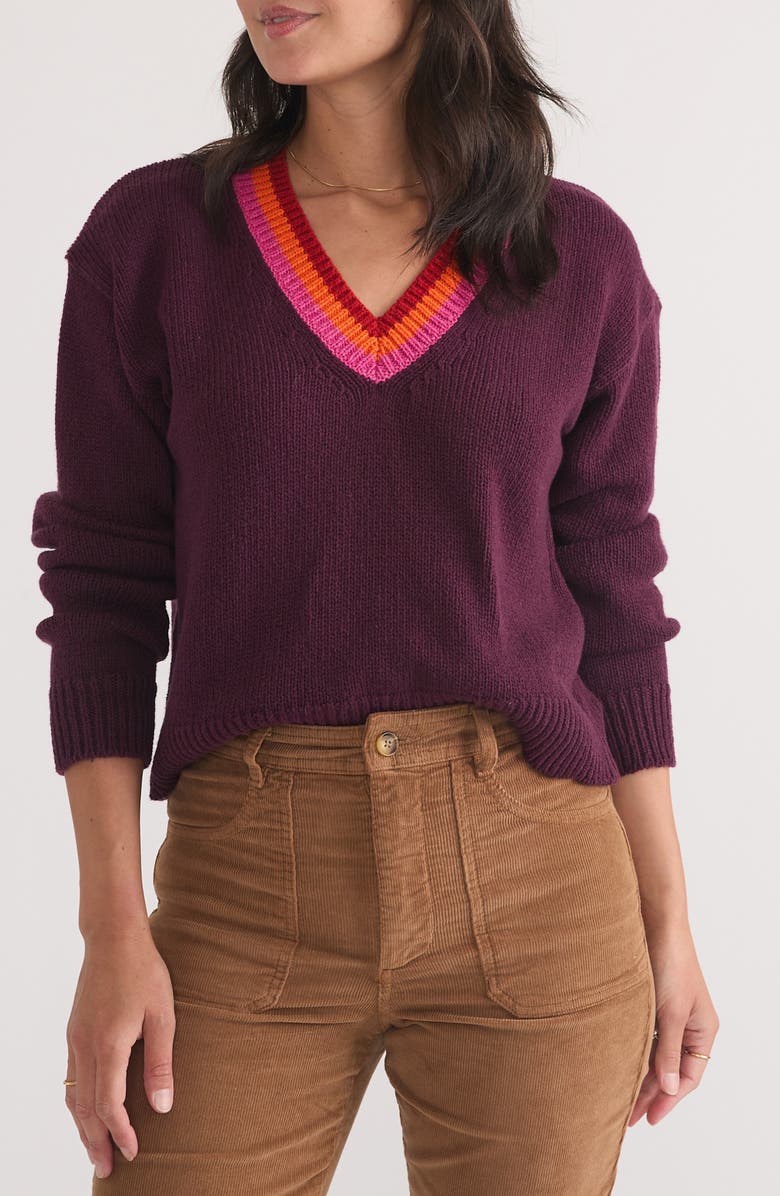 Marine Layer Bella Wool & Cotton V-Neck Crop Sweater, Main, color, Plum