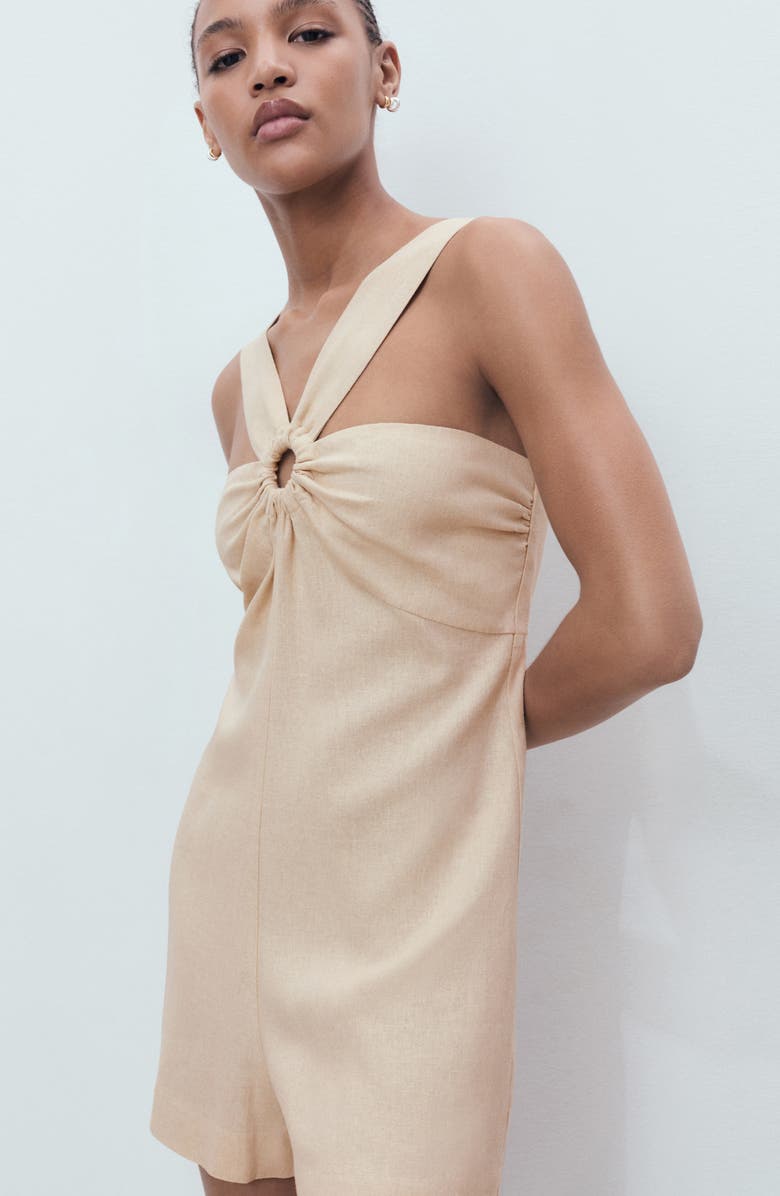 MANGO Hoop Detail Linen Blend Romper, Alternate, color, Sand