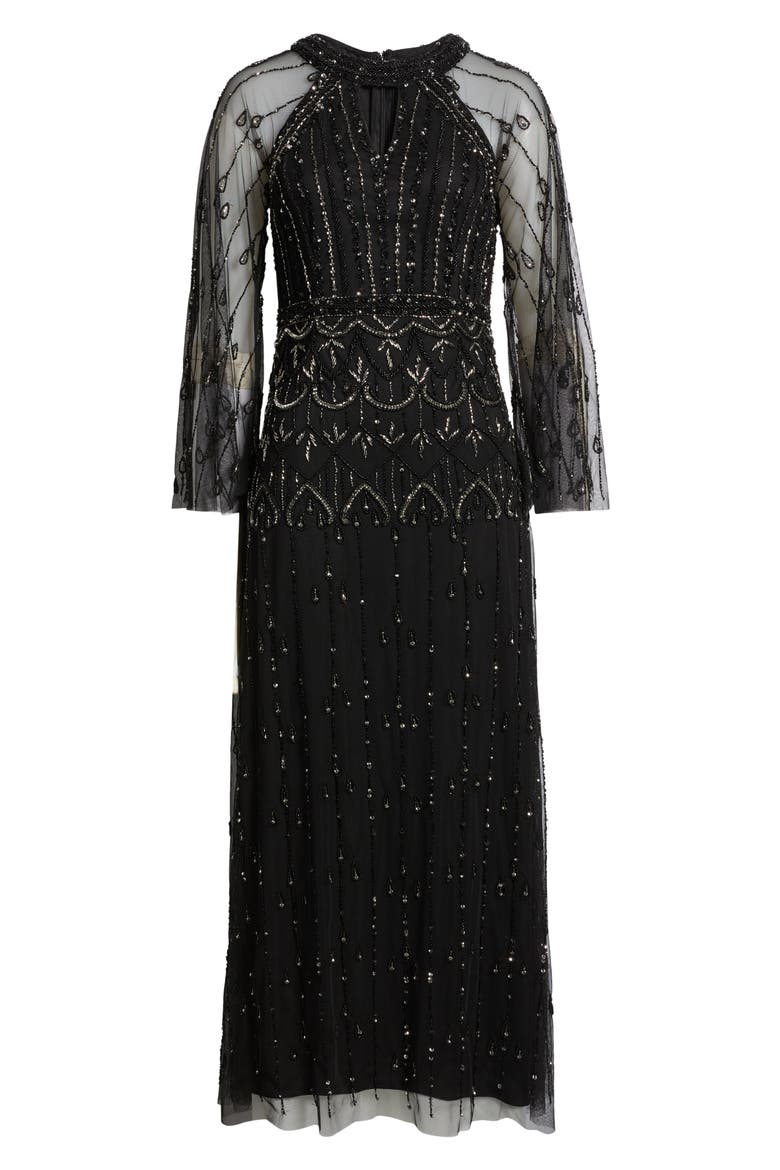 Illusion Long Sleeve Beaded A-Line Gown, Alternate, color, BLACK