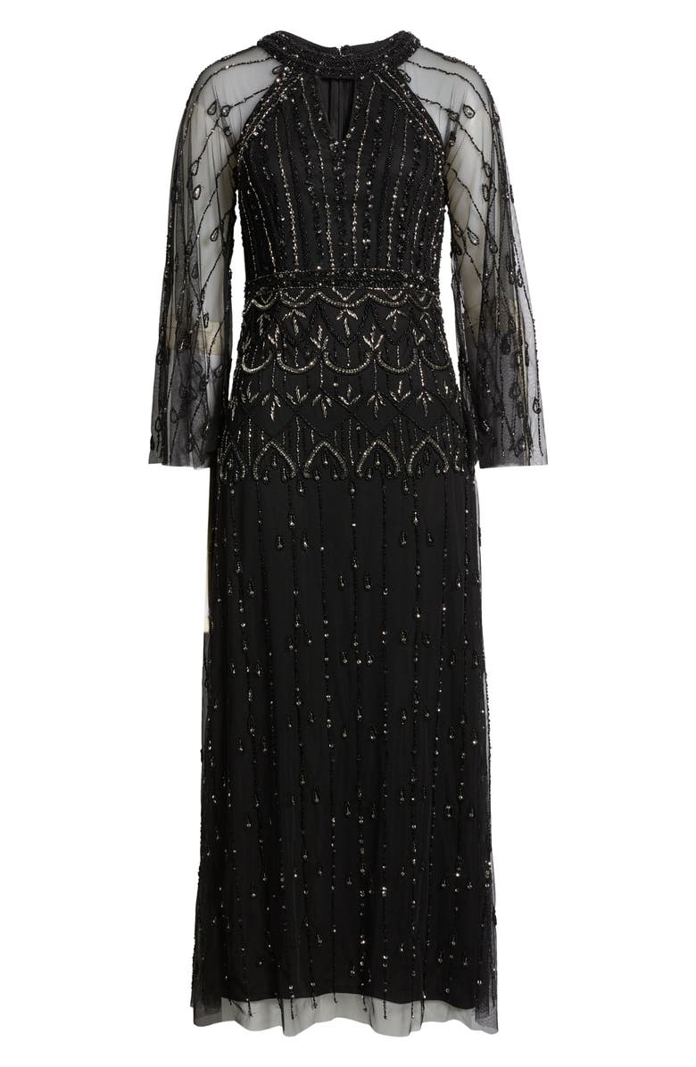 Pisarro Nights Illusion Long Sleeve Beaded A-Line Gown, Alternate, color, Black