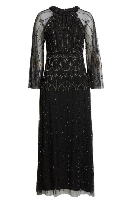 Pisarro Nights Illusion Long Sleeve Beaded A-line Gown In Black