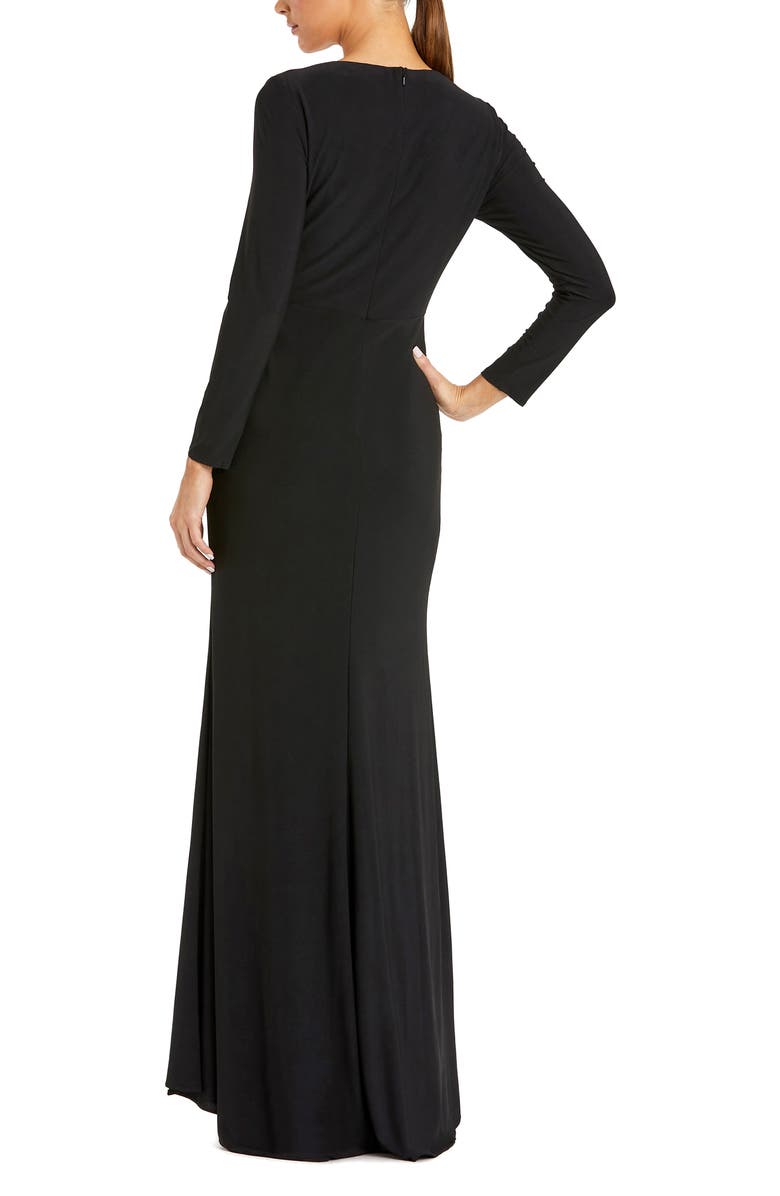 Mac Duggal Faux Wrap Long Sleeve Appliqué Detail Gown, Alternate, color, Black