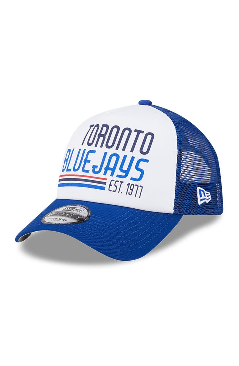 New Era Men's New Era White/Royal Toronto Blue Jays Stacked A-Frame Trucker 9FORTY Adjustable Hat, Main, color, 