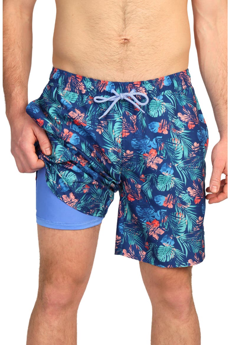 Tropical Print Swim Trunks, Alternate, color, NAVY