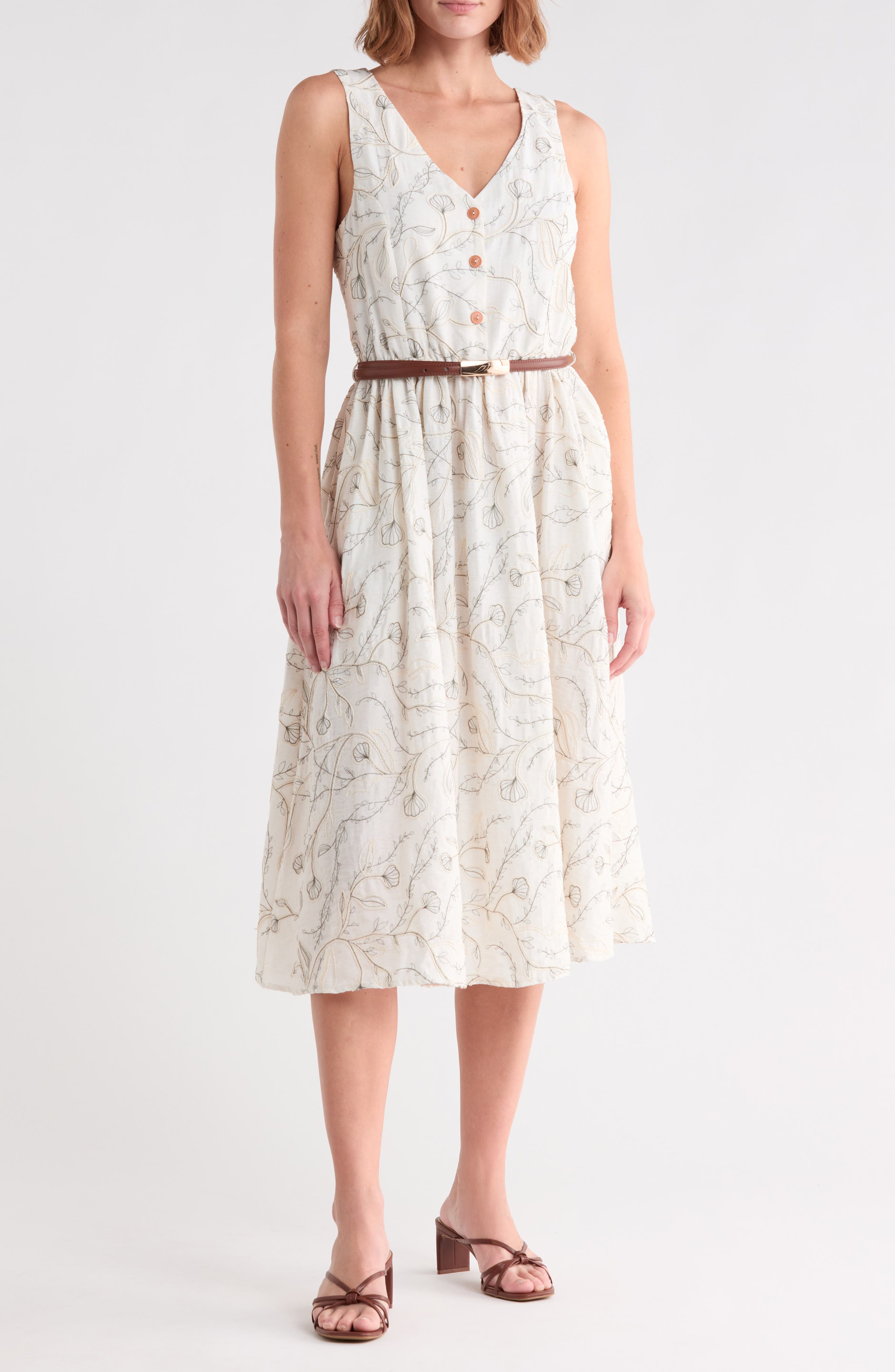 Floral Embroidered Sleeveless Belted Midi Dress