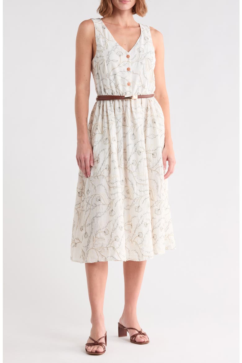Floral Embroidered Sleeveless Belted Midi Dress, Main, color, VINE PARTY