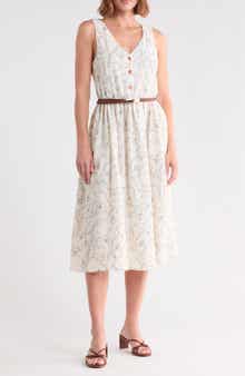 Floral Embroidered Sleeveless Belted Midi Dress