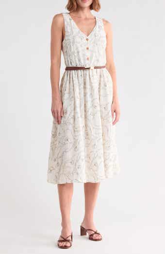 Floral Embroidered Sleeveless Belted Midi Dress