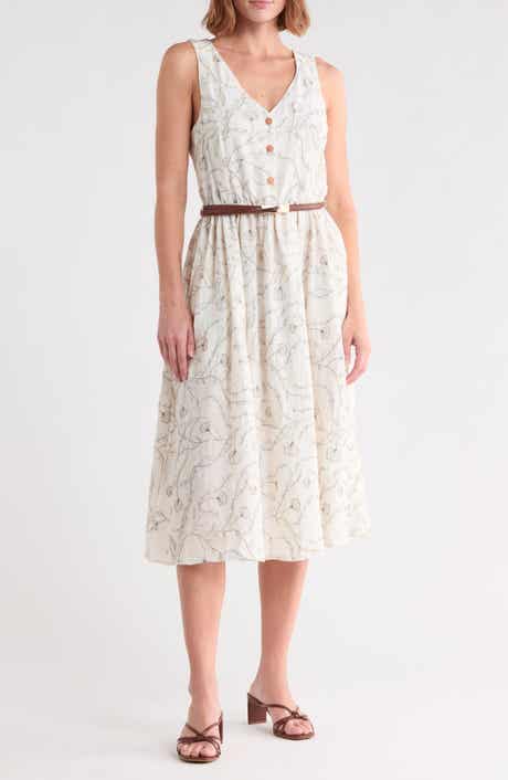Floral Embroidered Sleeveless Belted Midi Dress