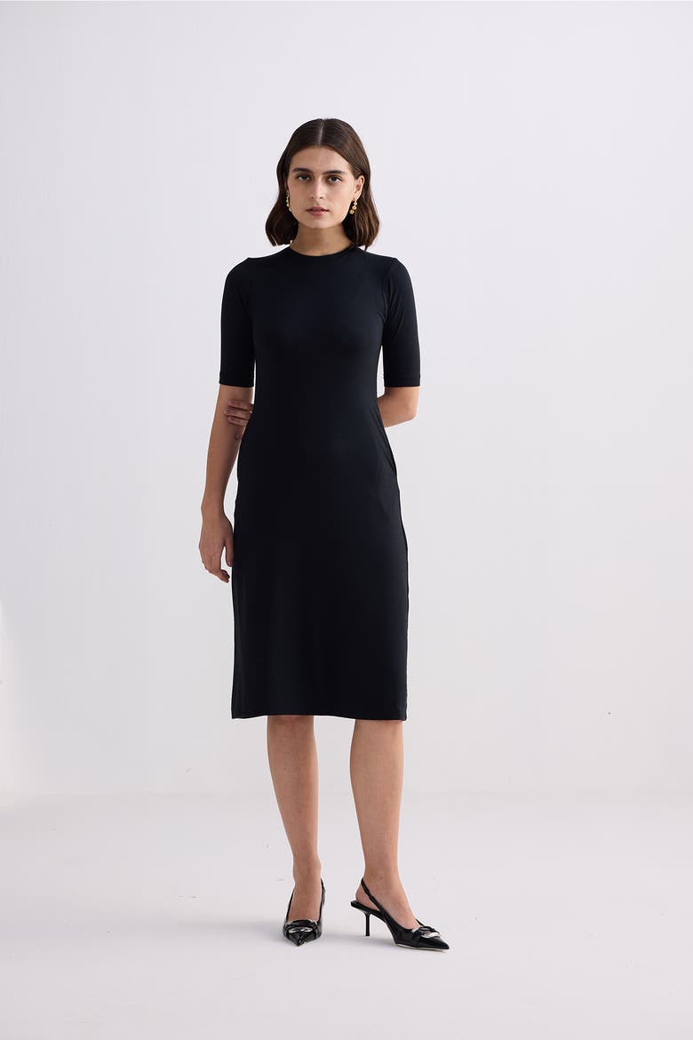 High Crew Neck Fitted Dress with Elbow Sleeves, Alternate, color, Black