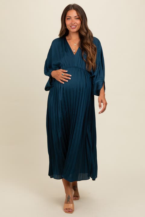 Satin Pleated V-Neck Maternity Maxi Dress
