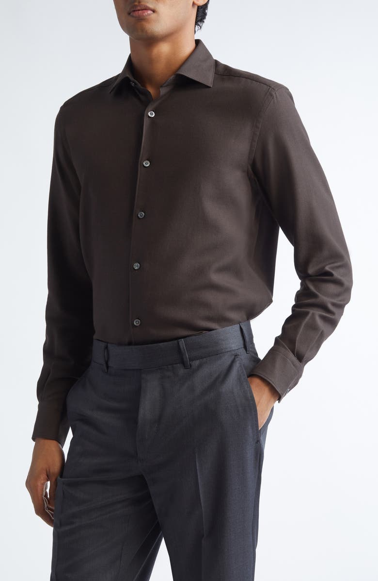 ZEGNA Cashco Cotton & Cashmere Button-Up Shirt, Main, color, Dark Brown