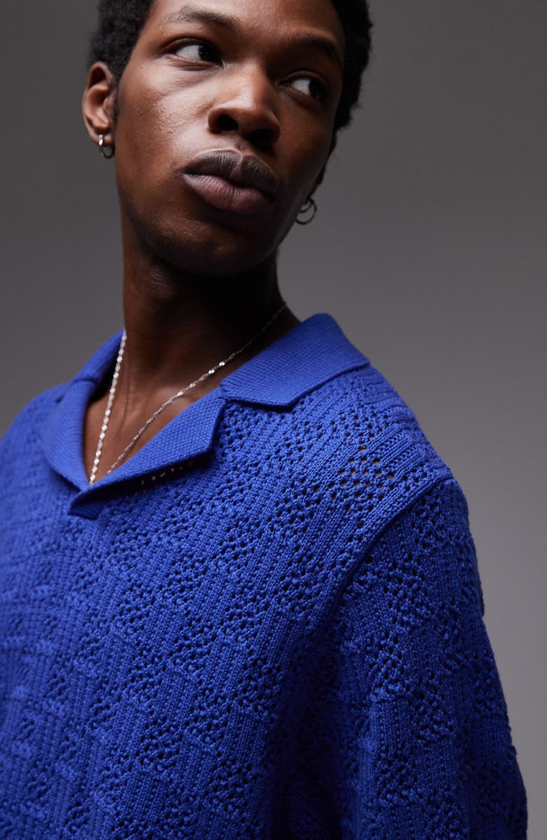 Topman Johnny Collar Check Pattern Cotton Polo Sweater, Alternate, color, Medium Blue