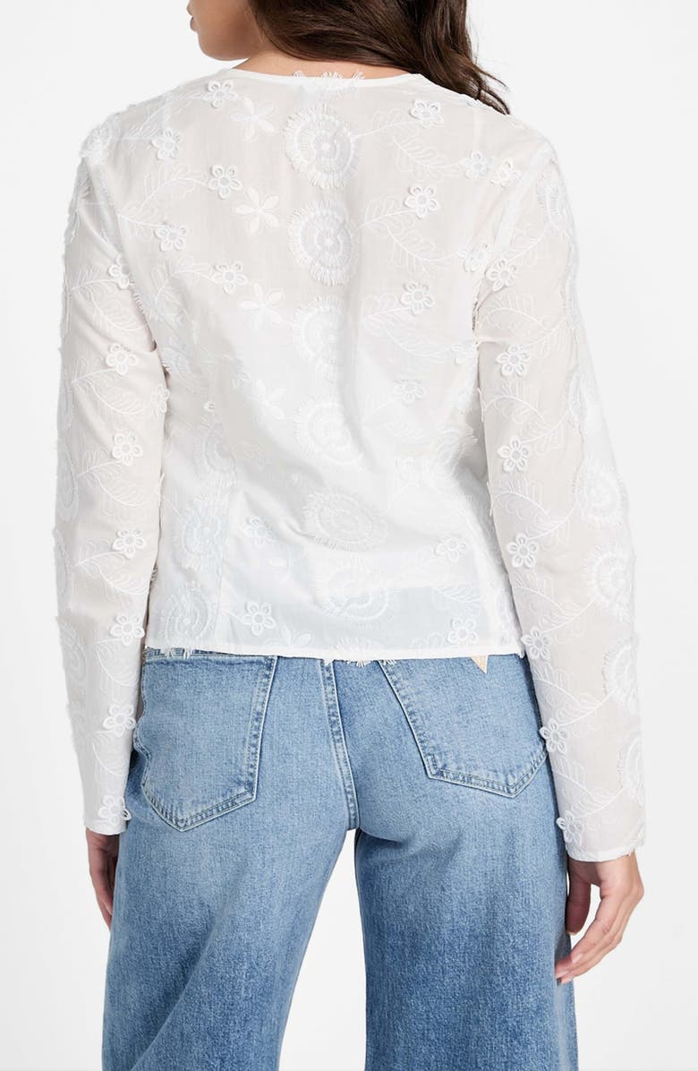 GUESS Aida Floral Embroidered Tie Front Long Sleeve Top, Alternate, color, Pure White