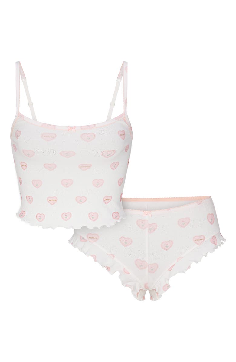 SKIMS Pointelle Ruffle Pajamas, Alternate, color, Snow Lace Hearts