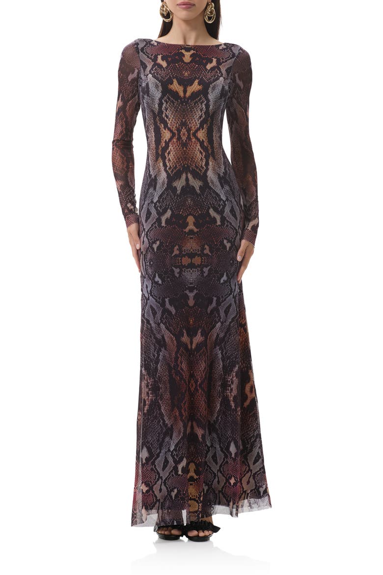 Talmo Long Sleeve Open Back Mesh Dress, Main, color, PLACED UMBER SNAKE