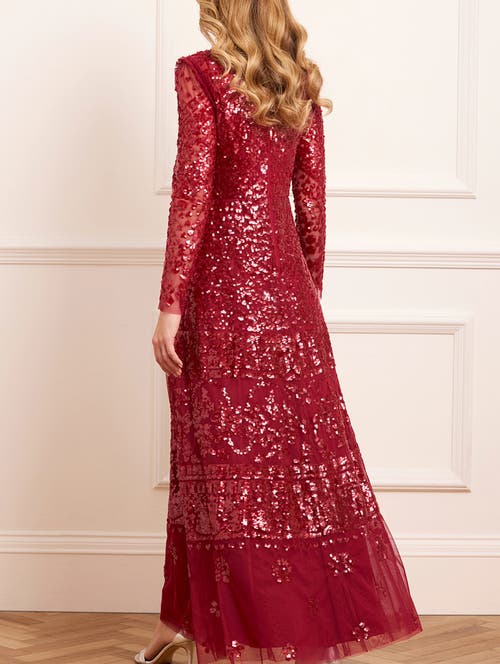 Needle & Thread Aurora Long Sleeve Round Neck Gown In Red