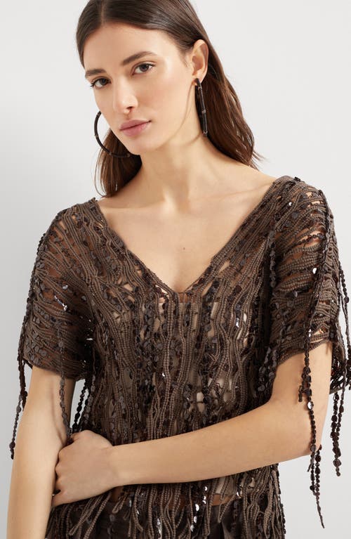 Brunello Cucinelli Women Brown Knit Dazzling Abstract Embroidery Top In Chocolate