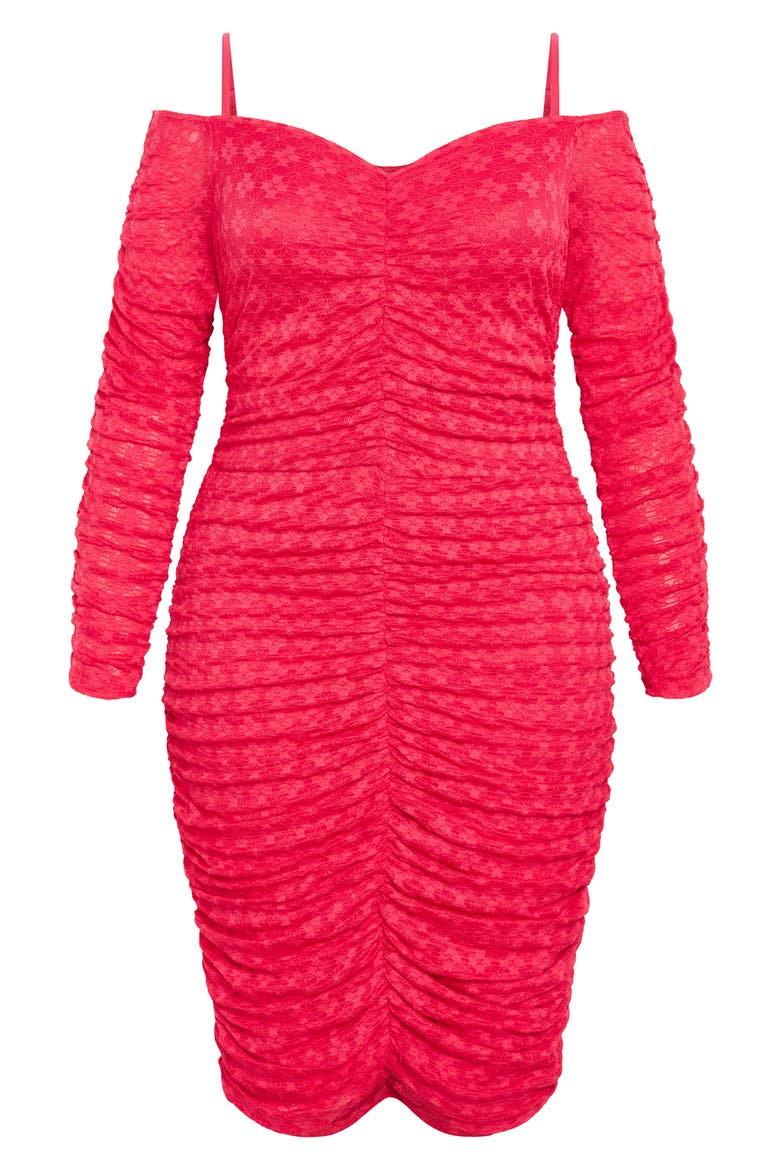 Esmerelda Ruched Cold Shoulder Long Sleeve Cocktail Minidress, Alternate, color, POP PINK