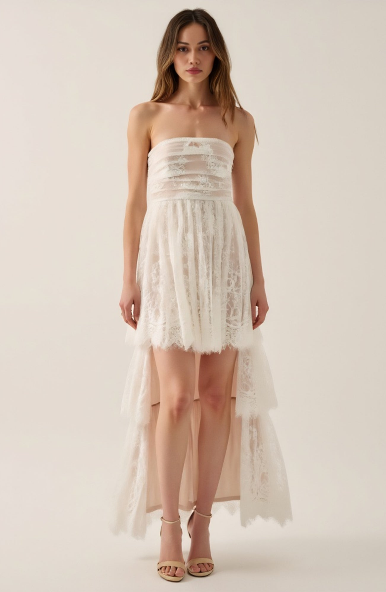 Modenaire Strapless Lace High-Low Dress with Sheer Bodice and Tiered Skirt, Main, color, 