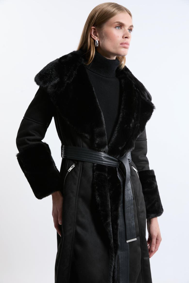 Faux Shearling Belted Midi Coat, Alternate, color, Black
