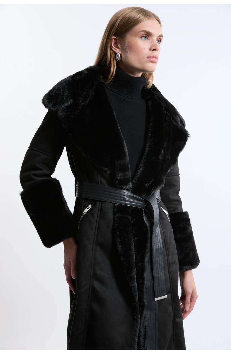 Karen Millen Faux Shearling Belted Midi Coat, Alternate, color, Black