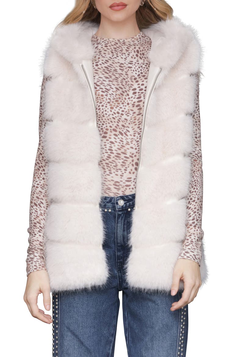 Faux Fur & Faux Leather Hooded Zip Vest, Main, color, PEARL