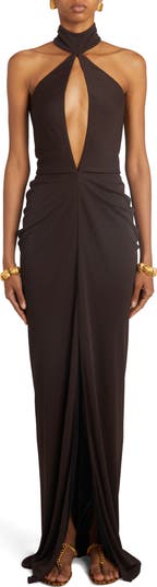 Cutout Sable Jersey Gown with Train