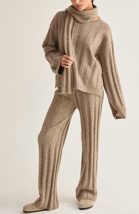 Ribbed Three Piece Sweater Lounge & Scarf Set