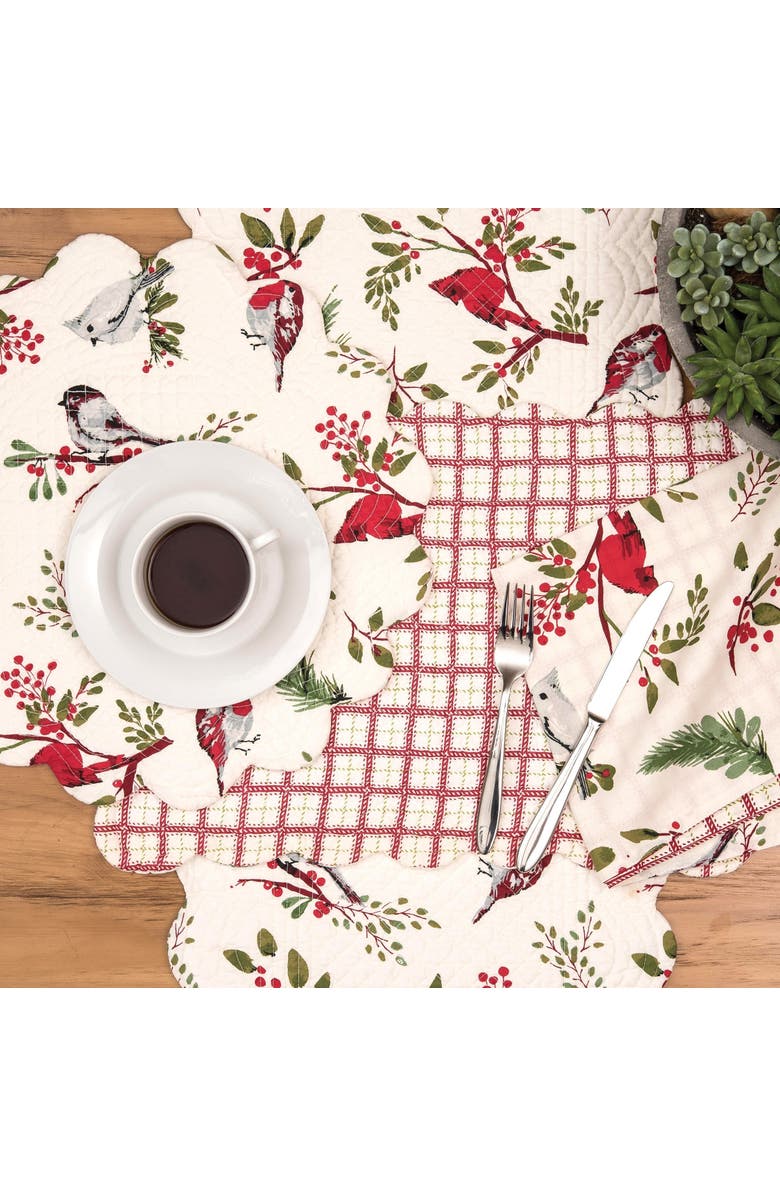 C&F Home Sprig Chickadees & Red Cardinals 100% Cotton Quilted Christmas Table Runner XMAS 14" x 51", Alternate, color, White