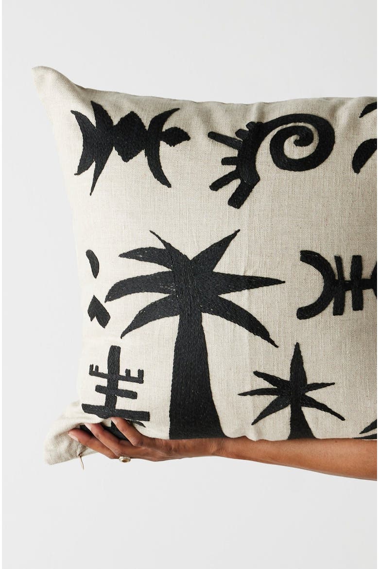 Keiskamma Linen & Silk Embroidered Throw Pillow - with Insert, Main, color, Black Linen