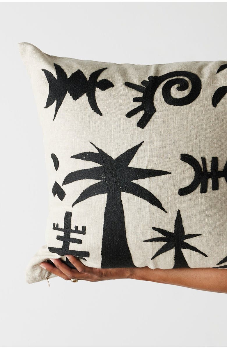 kanju Interiors Keiskamma Linen & Silk Embroidered Throw Pillow - with Insert, Main, color, Black Linen