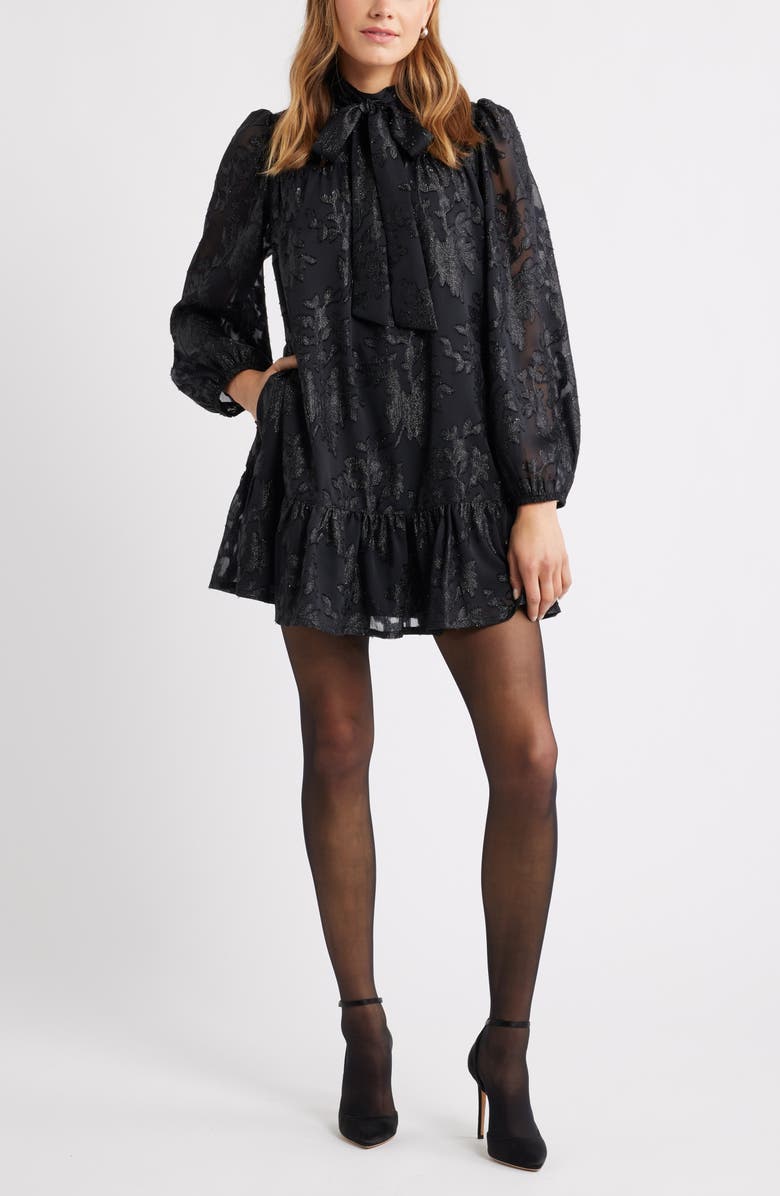Treasure & Bond Metallic Floral Jacquard Long Sleeve Shift Minidress, Main, color, Black