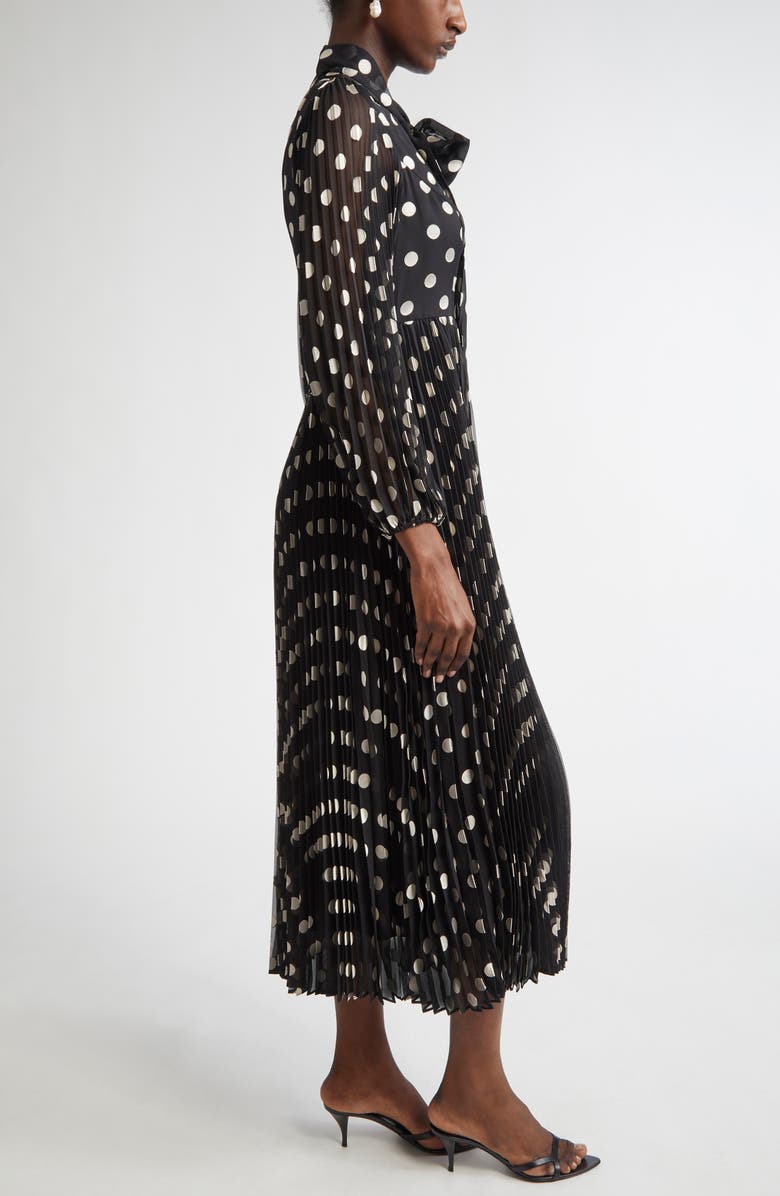 Zimmermann Polka Dot Pleated Midi Dress with Removable Pussy Bow, Alternate, color, 
