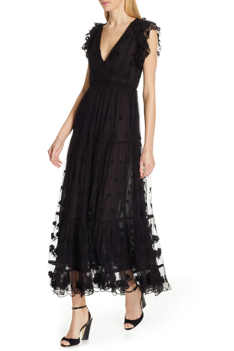 Fifi Embroidered Tulle Maxi Dress, Alternate, color, RAVEN