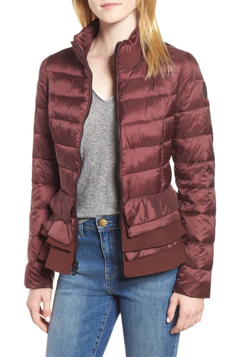 Zoey Ruffle Hem Puffer Jacket, Main, color, ROSEWOOD