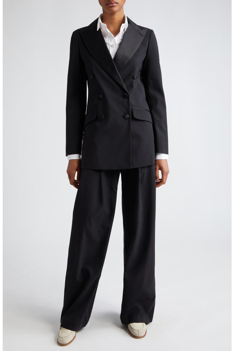 Double Breasted Satin Tuxedo Jacket, Alternate, color, BLACK