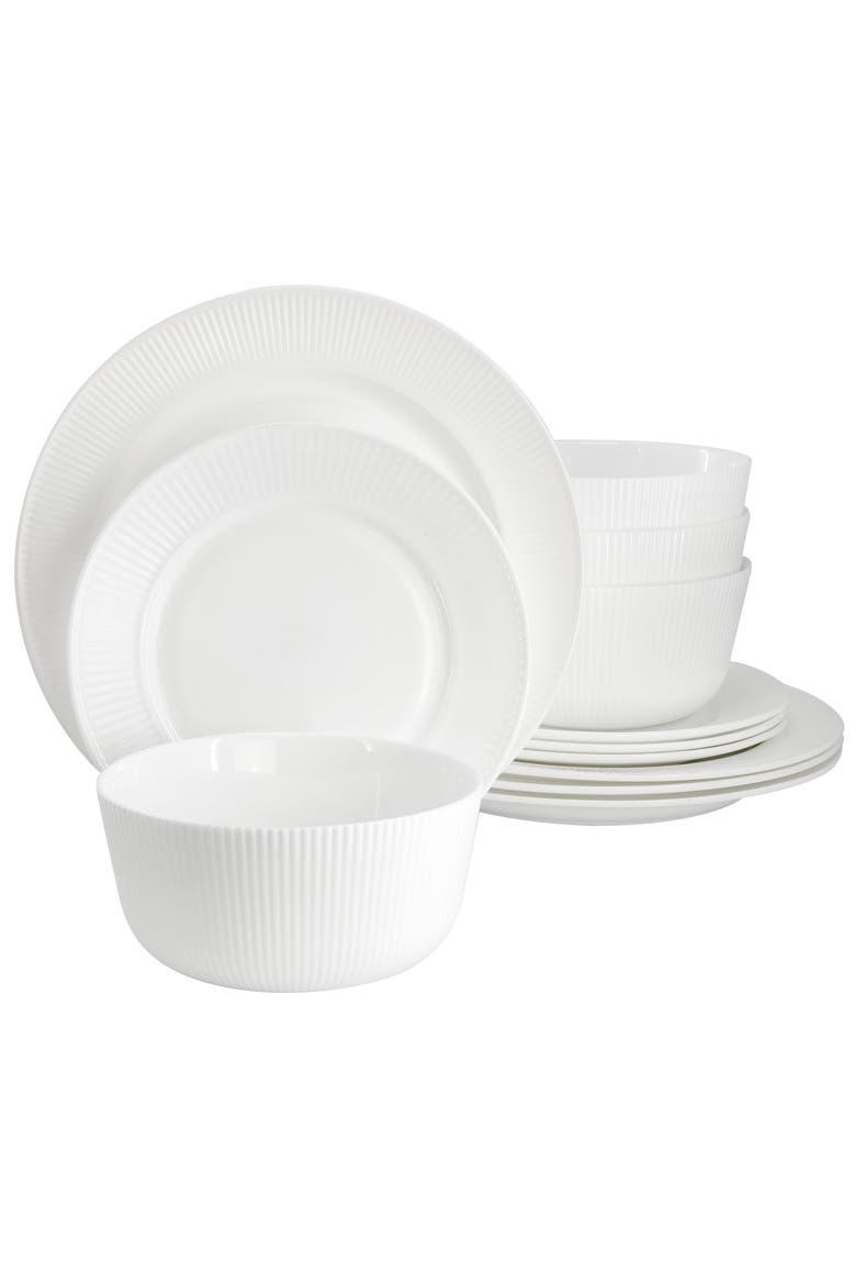 Swanton Stripe 12 Piece Break-Resistant Opal Glass Dinnerware Set, Main, color, White
