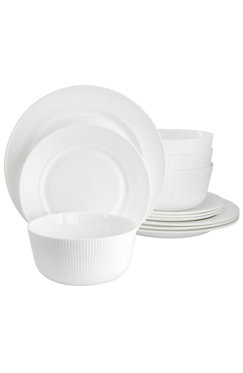 Gibson Ultra Swanton Stripe 12 Piece Break-Resistant Opal Glass Dinnerware Set, Main, color, White