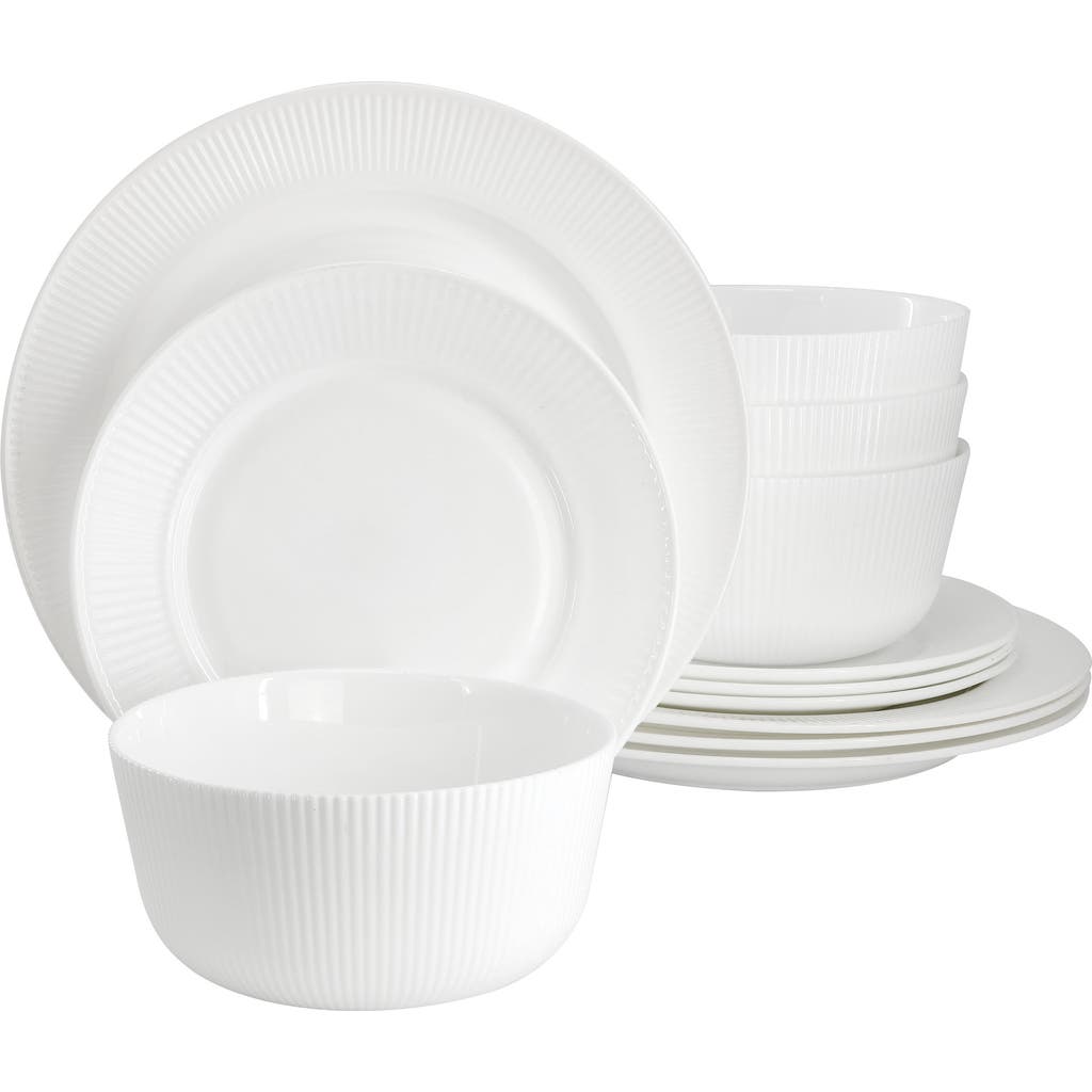Gibson Ultra Swanton Stripe 12 Piece Break-resistant Opal Glass Dinnerware Set In White