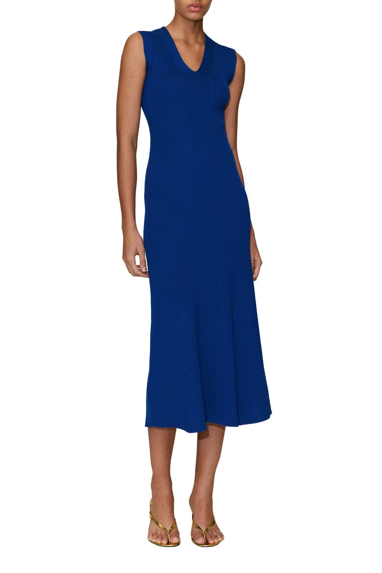 Rib Knit V-Neck Midi Dress, Main, color, BLUE