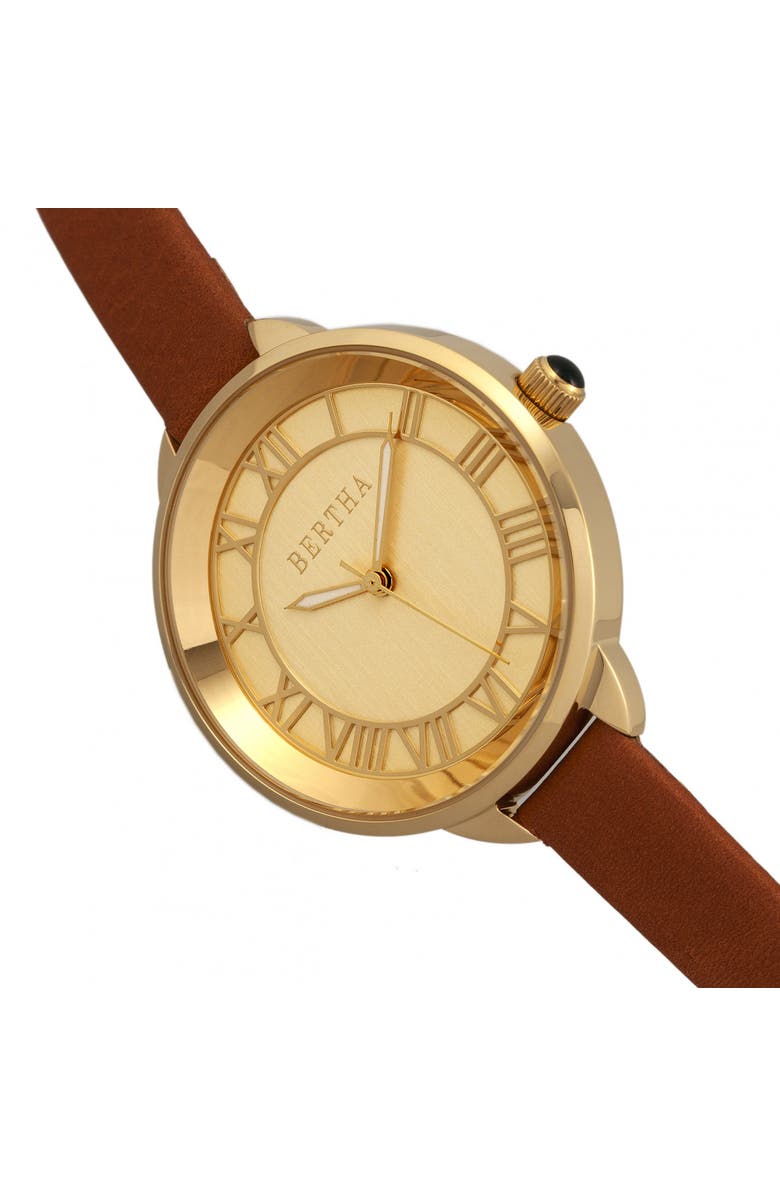 BERTHA Madison Sunray Dial Leather-Band Watch, Alternate, color, Camel/Gold