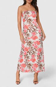 bebe Strapless Printed Satin Maxi Dress