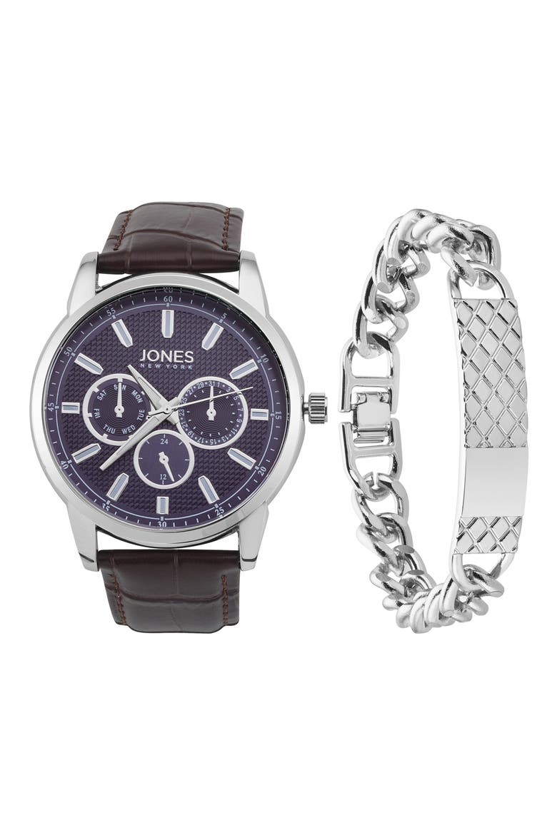 Three-Hand Quartz Croc Embossed Strap Watch & ID Bracelet, Main, color, BROWN