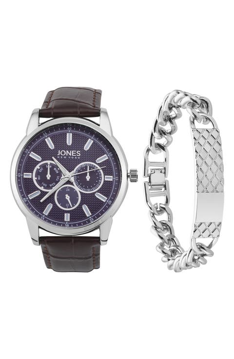 Three-Hand Quartz Croc Embossed Strap Watch & ID Bracelet