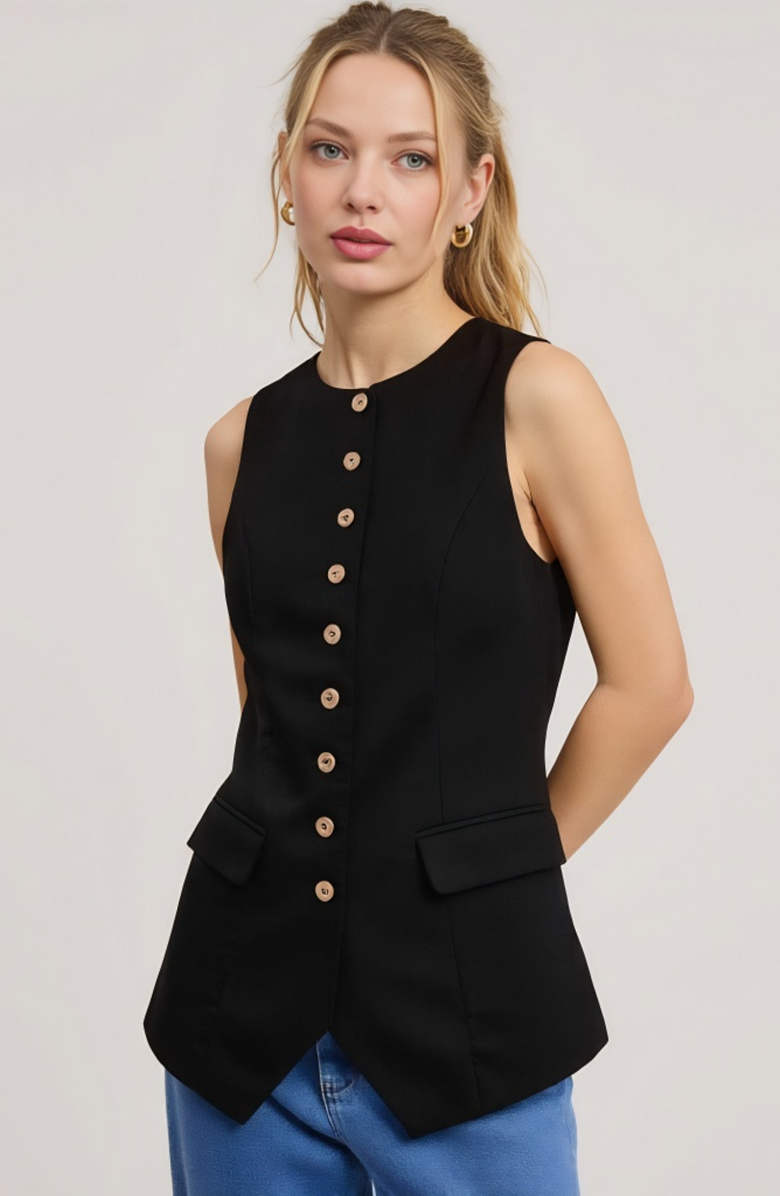 Modenaire Longline Sleeveless Button Flap Pocket Tailored Hem Vest, Alternate, color, Black