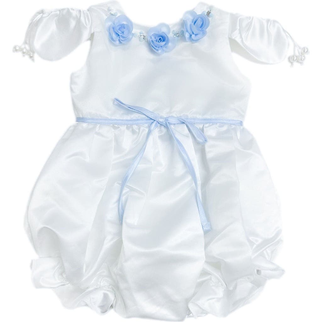 Petite Maison Kids Daphne Satin Romper with Blue Embroidery in White And Baby Blue  product