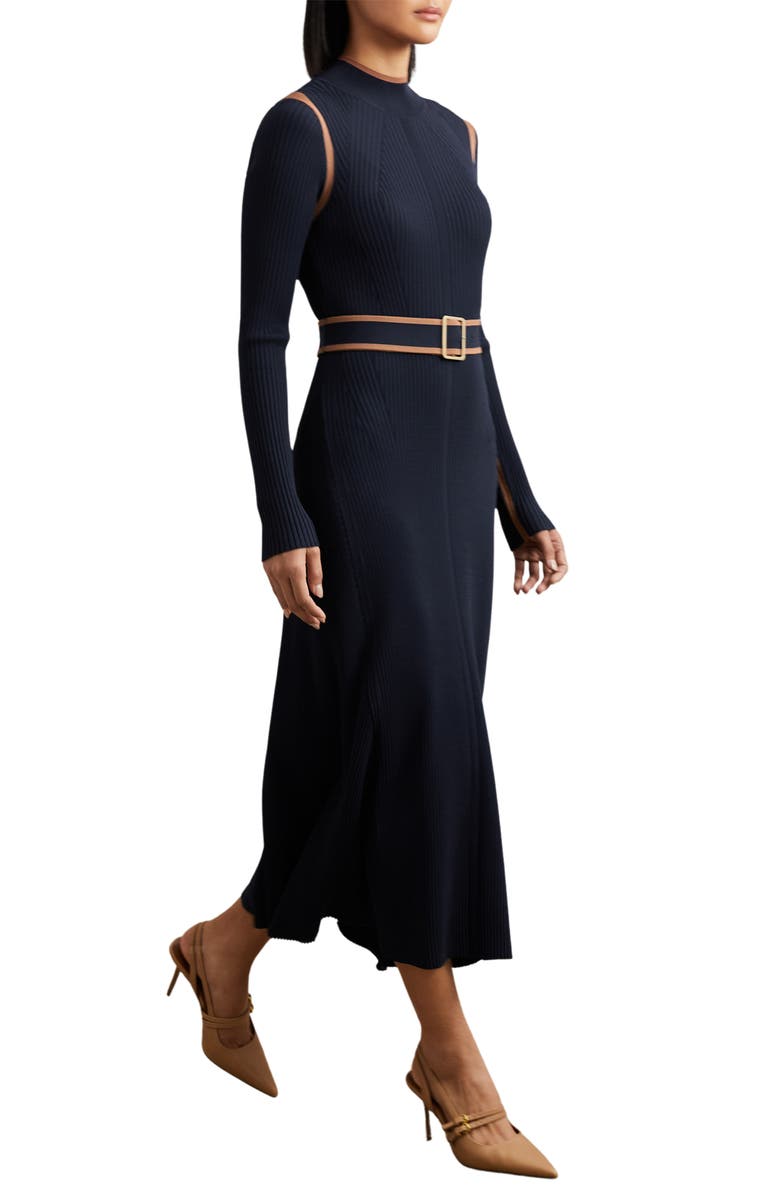 Reiss Ella Belted Long Sleeve Rib Maxi Dress, Alternate, color, Navy/ Camel