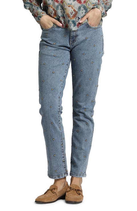 Cross Embroidered Mid Rise Girlfriend Jeans