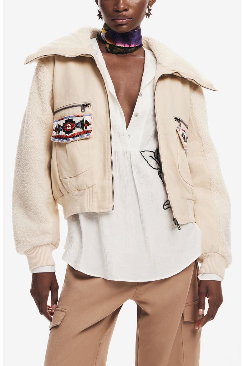 Chaq Roma Faux Shearling Crop Bomber Jacket, Main, color, WHITE